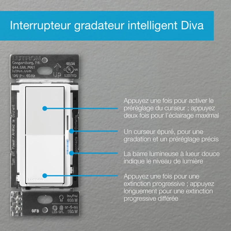 Trousse de départ à gradateur intelligent Diva de Lutron pour éclairage intelligent Caséta (DVRF-BDG-1D-C)