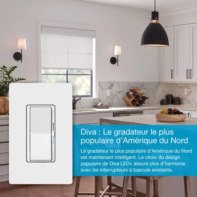 Trousse de départ à gradateur intelligent Diva de Lutron pour éclairage intelligent Caséta (DVRF-BDG-1D-C)
