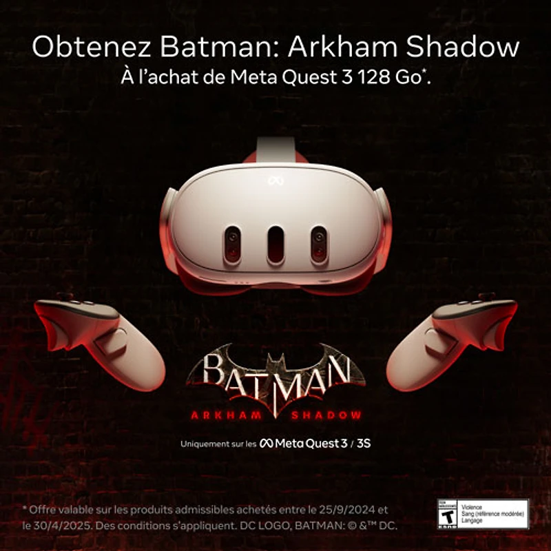 Casque de réalité virtuelle de 128 Go Quest 3 de Meta avec manettes Touch Plus et Batman : Arkham Shadow