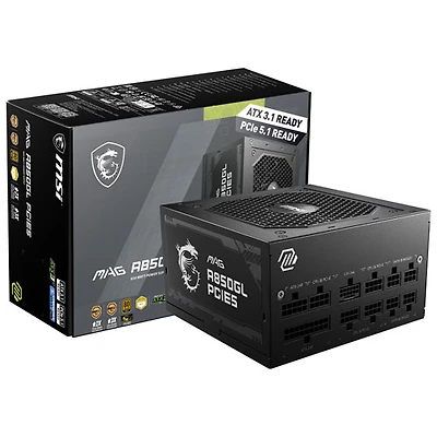 Bloc d'alimentation ATX 3.0 MAG A850GL PCIE 5 80 Plus Gold entièrement modulaire de 850 W de MSI à câble 12VHPWR