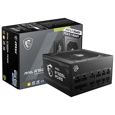 Bloc d'alimentation ATX 3.0 MAG A750GL PCIE 5 80 Plus Gold entièrement modulaire de 750 W de MSI à câble 12VHPWR