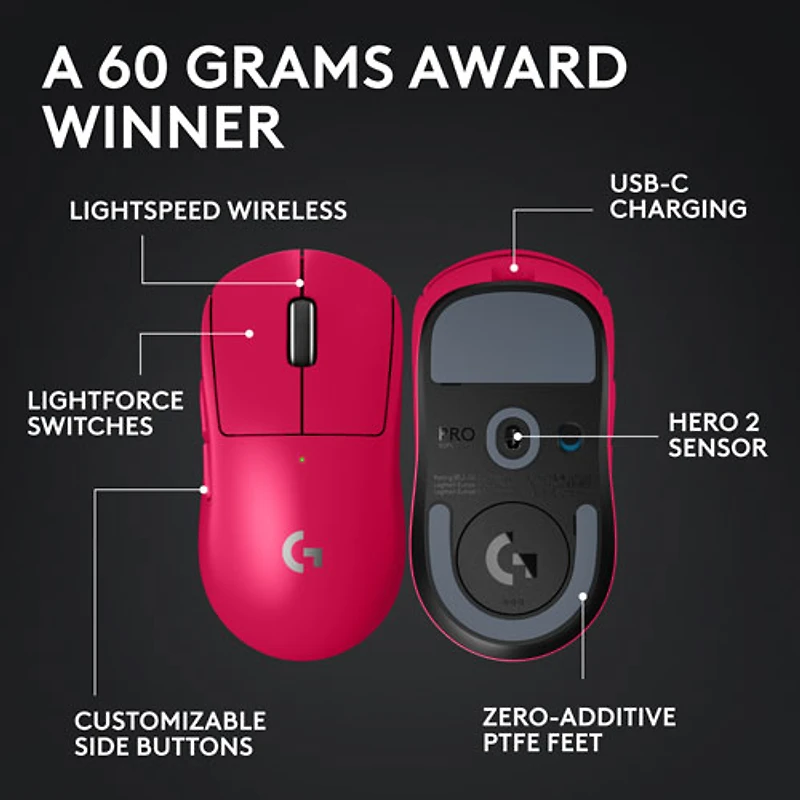 Logitech G PRO X Superlight 2 44000 DPI 8K Polling Wireless HERO 2 Sensor 60g Pro-Grade Mouse - Magenta - Only at Best Buy