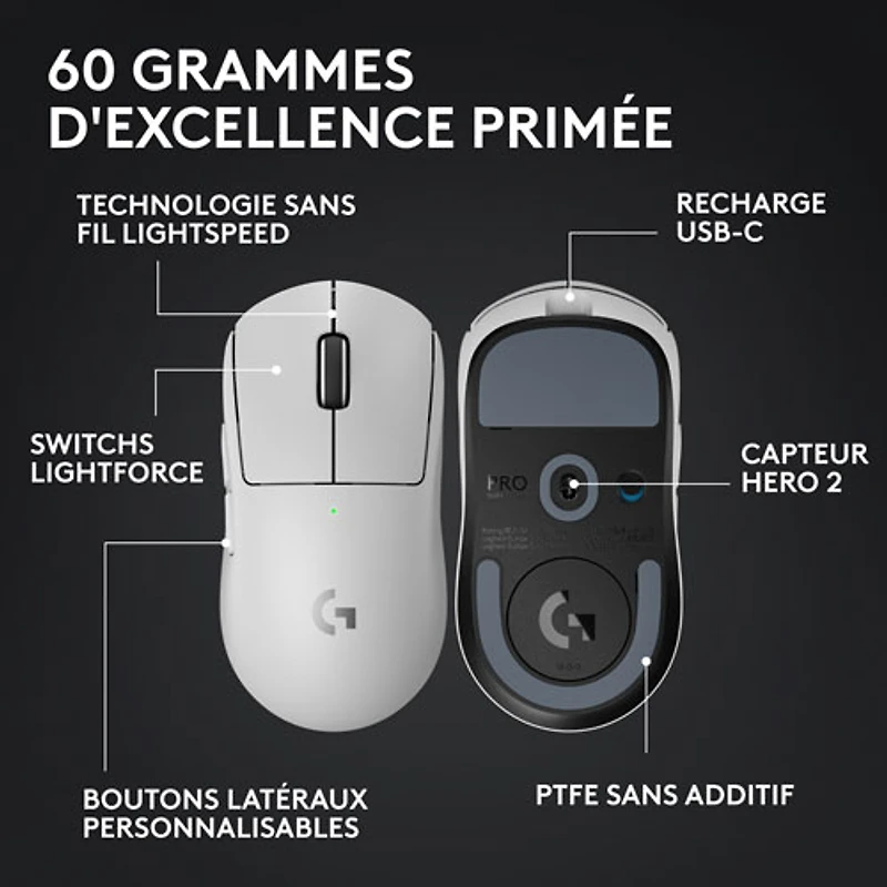 Souris de jeu sans fil à capteur HERO 2 calibre professionnel 60 g de 44 000 ppp taux d'interrogation 8 kHz G PRO X Superlight 2 de Logitech - Blanc