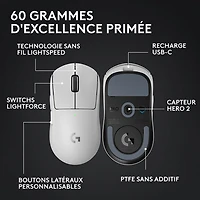 Souris de jeu sans fil à capteur HERO 2 calibre professionnel 60 g de 44 000 ppp taux d'interrogation 8 kHz G PRO X Superlight 2 de Logitech - Blanc