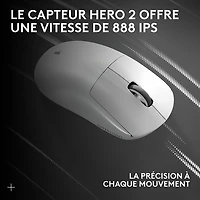 Souris de jeu sans fil à capteur HERO 2 calibre professionnel 60 g de 44 000 ppp taux d'interrogation 8 kHz G PRO X Superlight 2 de Logitech - Blanc