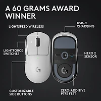 Souris de jeu sans fil à capteur HERO 2 calibre professionnel 60 g de 44 000 ppp taux d'interrogation 8 kHz G PRO X Superlight 2 de Logitech - Blanc