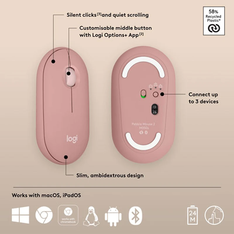 Souris optique Bluetooth de 4000 ppp Pebble 2 M350s de Logitech - Rose tonal