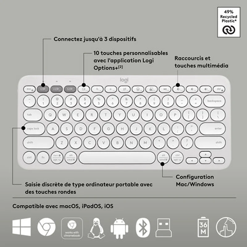 Ensemble avec souris optique et clavier ergonomique Bluetooth Pebble 2 de Logitech - Blanc - Anglais