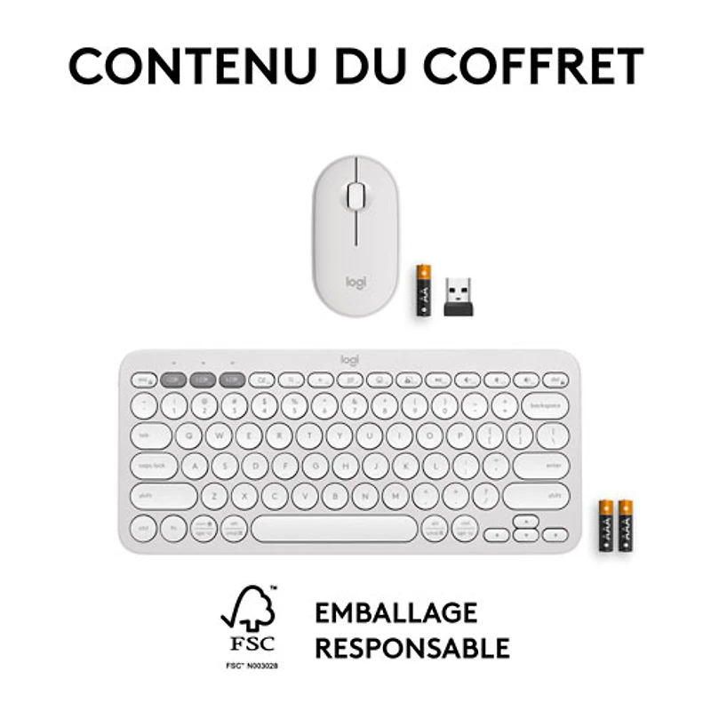 Ensemble avec souris optique et clavier ergonomique Bluetooth Pebble 2 de Logitech - Blanc - Anglais