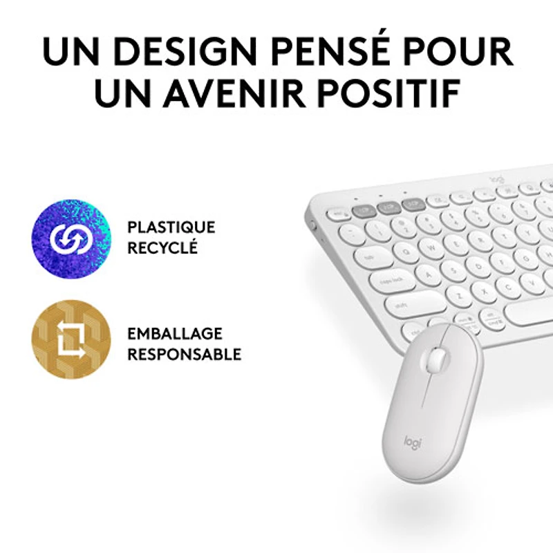 Ensemble avec souris optique et clavier ergonomique Bluetooth Pebble 2 de Logitech - Blanc - Anglais