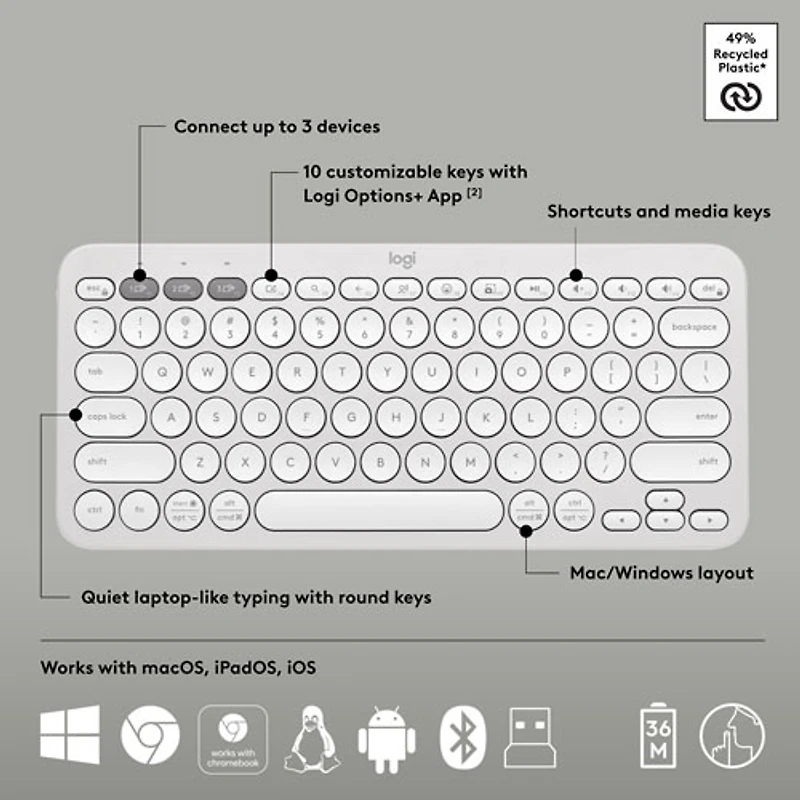Ensemble avec souris optique et clavier ergonomique Bluetooth Pebble 2 de Logitech - Blanc - Anglais