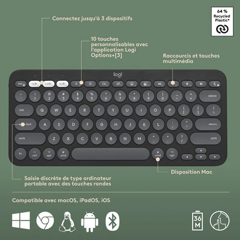 Ensemble avec souris optique et clavier ergonomique Bluetooth Pebble 2 de Logitech pour Mac - Noir - Anglais