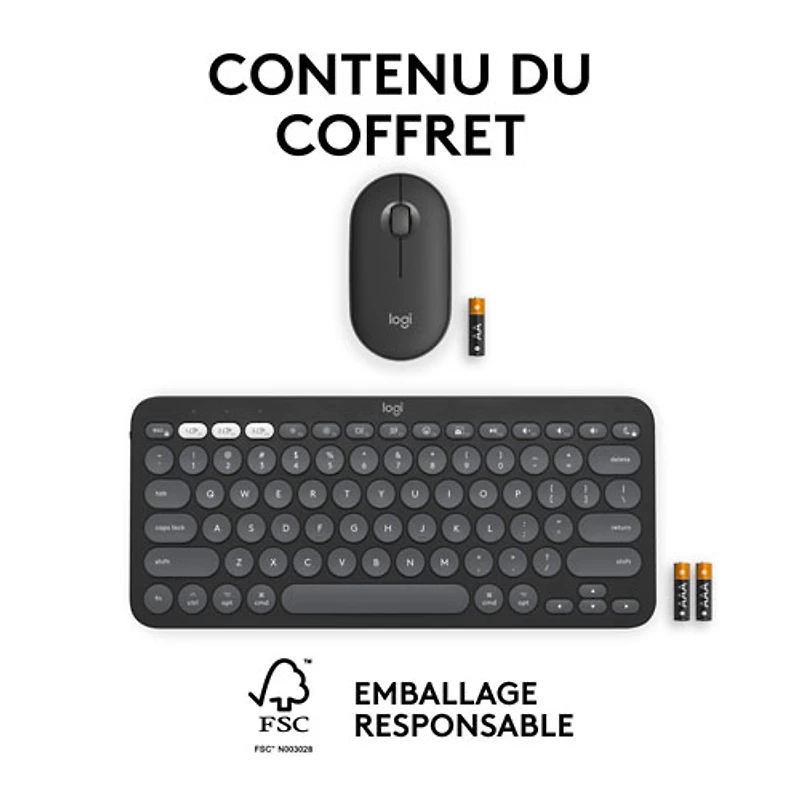 Ensemble avec souris optique et clavier ergonomique Bluetooth Pebble 2 de Logitech pour Mac - Noir - Anglais