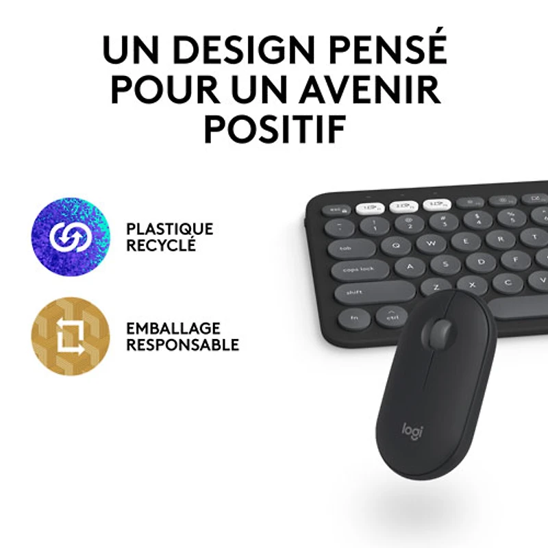 Ensemble avec souris optique et clavier ergonomique Bluetooth Pebble 2 de Logitech pour Mac - Noir - Anglais
