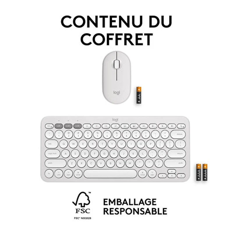 Ensemble avec souris optique et clavier ergonomique Bluetooth Pebble 2 de Logitech pour Mac - Blanc - Anglais