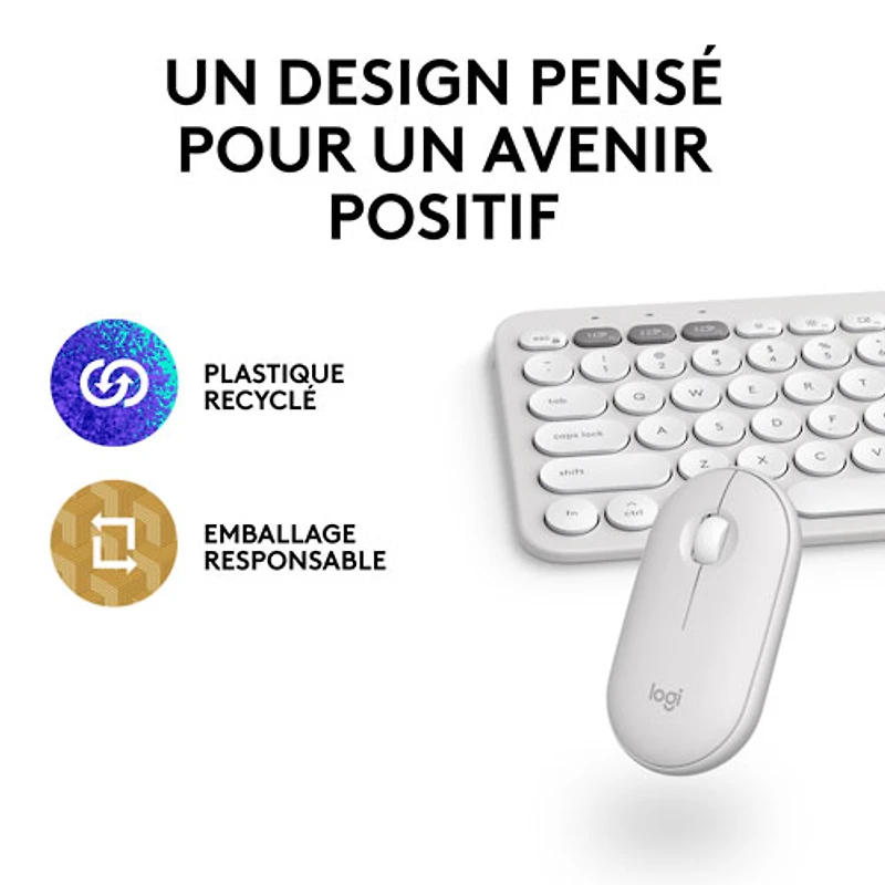 Ensemble avec souris optique et clavier ergonomique Bluetooth Pebble 2 de Logitech pour Mac - Blanc - Anglais