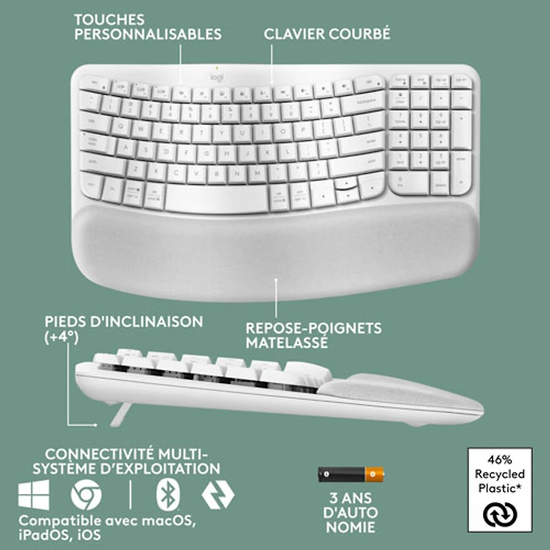 Clavier ergonomique sans fil Wave Keys de Logitech - Blanc cassé