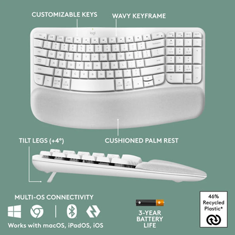 Clavier ergonomique sans fil Wave Keys de Logitech - Blanc cassé