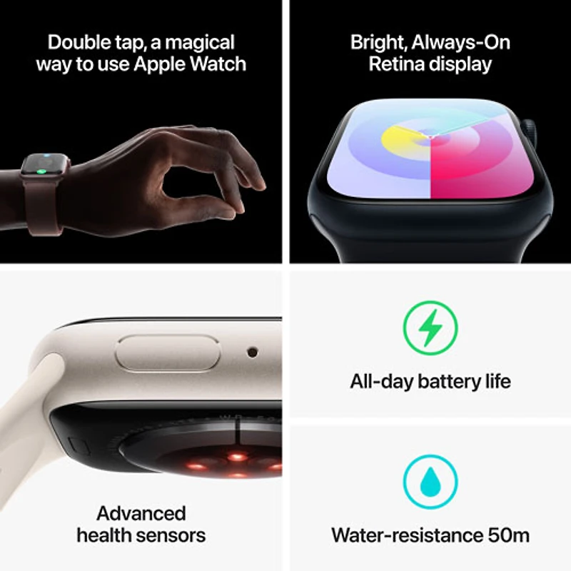 Apple Watch Series 9 (GPS + Cellular) avec boîtier de 45 mm en aluminium minuit et bracelet sport minuit - Moyen/Grand 160-210 mm