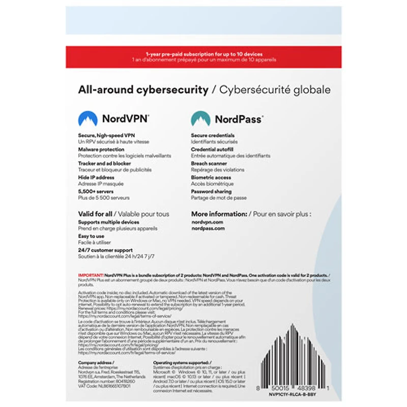 NordVPN Plus (PC/Mac) - 6 appareils - 1 an