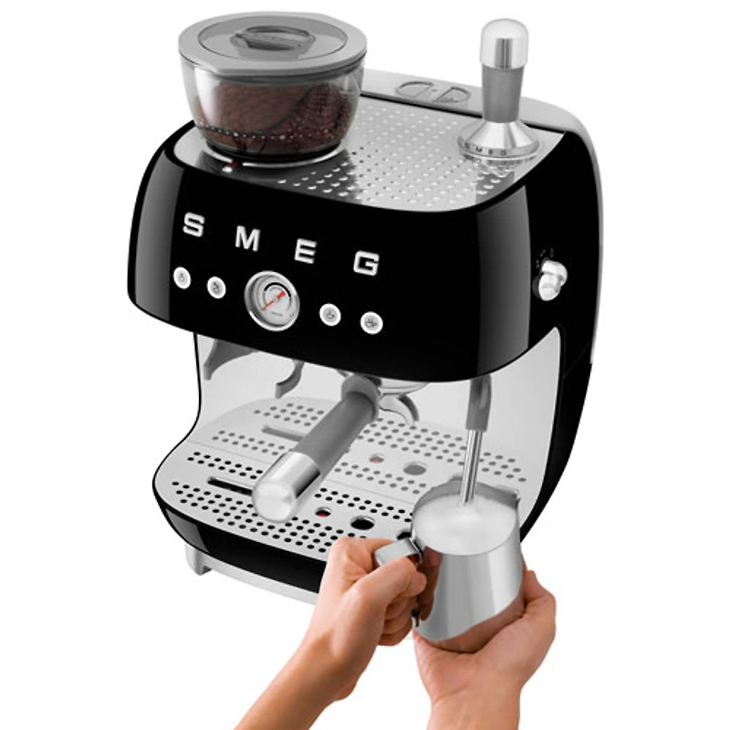 Smeg Manual Espresso Coffee Machine with Frother & Coffee Grinder - Black