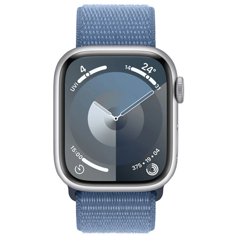 Apple Watch Series 9 (GPS + Cellular) avec boîtier de 41 mm en aluminium argenté et bracelet sport à rabat bleu hivernal par Bell - Petit - Financement mensuel