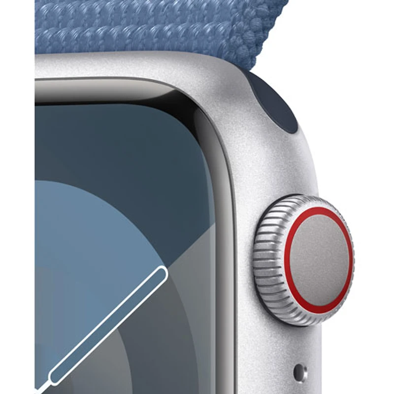 Apple Watch Series 9 (GPS + Cellular) avec boîtier de 41 mm en aluminium argenté et bracelet sport à rabat bleu hivernal par Bell - Petit - Financement mensuel