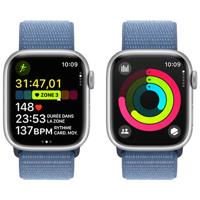 Apple Watch Series 9 (GPS + Cellular) avec boîtier de 41 mm en aluminium argenté et bracelet sport à rabat bleu hivernal par Bell - Petit - Financement mensuel