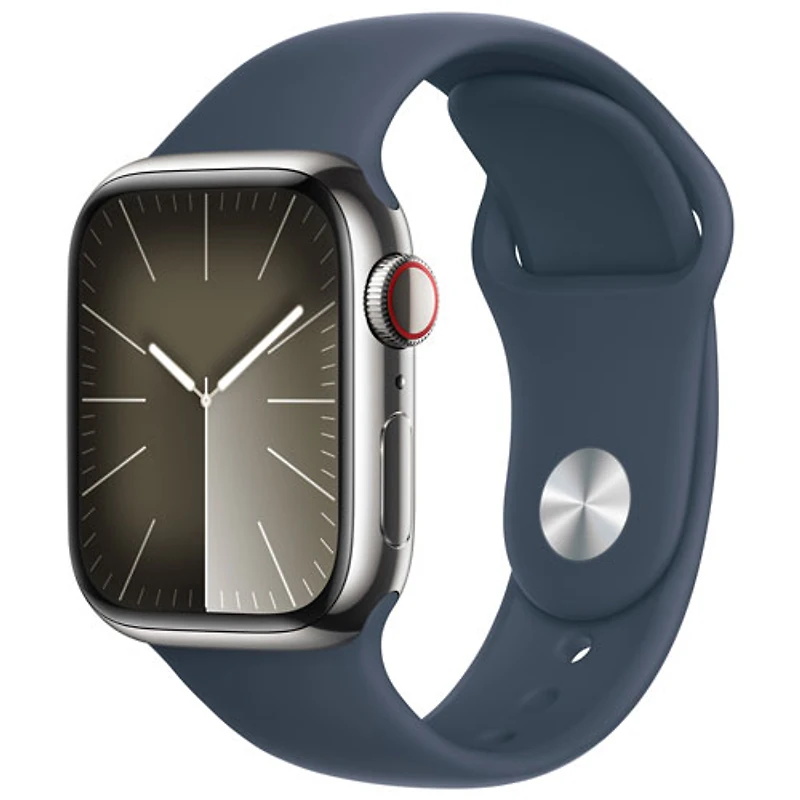 TELUS Apple Watch Series 9 (GPS + Cellular) 41mm Silver Stainless Steel Case w/ Storm Blue Sport Band - M/L - Monthly Financing
