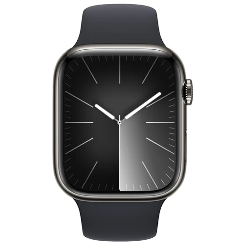 Apple Watch Series 9 45 mm (GPS + Cell) en acier inoxydable graphite et bracelet de sport minuit de TELUS - /M
