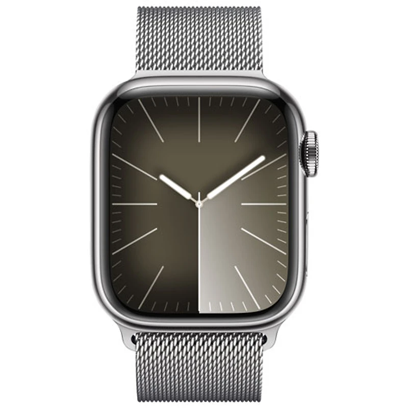 Apple Watch Series 9 (GPS + Cellular) avec boîtier de 41 mm en acier inoxydable argenté et bracelet milanais en acier inoxydable argenté par TELUS - Petit - Financement mensuel