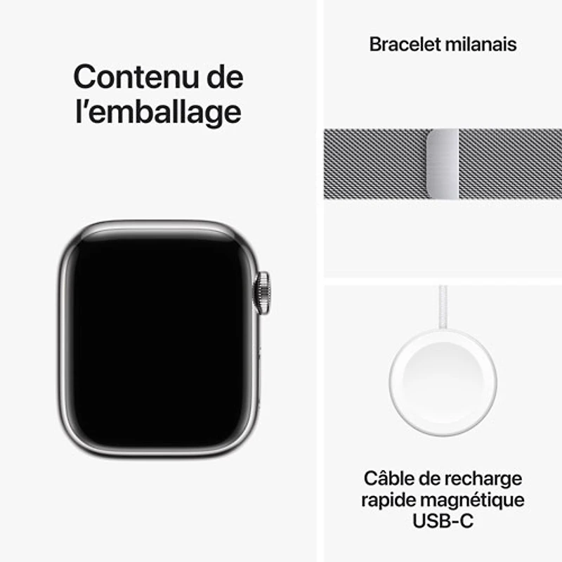 Apple Watch Series 9 (GPS + Cellular) avec boîtier de 41 mm en acier inoxydable argenté et bracelet milanais en acier inoxydable argenté par TELUS - Petit - Financement mensuel