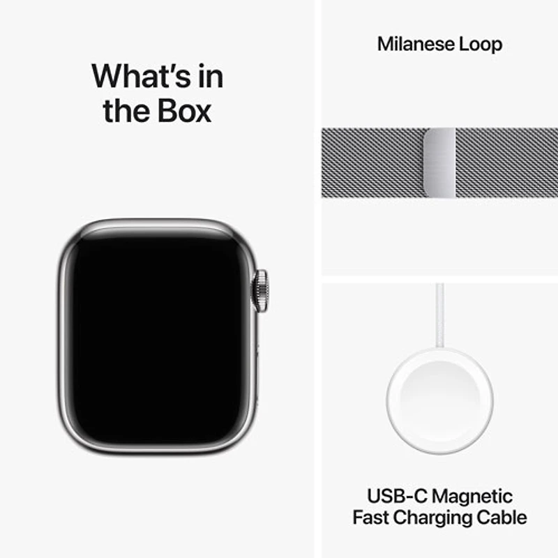 Apple Watch Series 9 (GPS + Cellular) avec boîtier de 41 mm en acier inoxydable argenté et bracelet milanais en acier inoxydable argenté par TELUS - Petit - Financement mensuel
