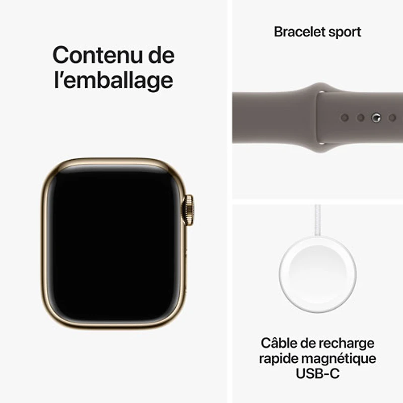 Apple Watch Series 9 (GPS + Cellular) avec boîtier de mm en acier inoxydable doré et bracelet sport argile par Rogers - Petit/Moyen