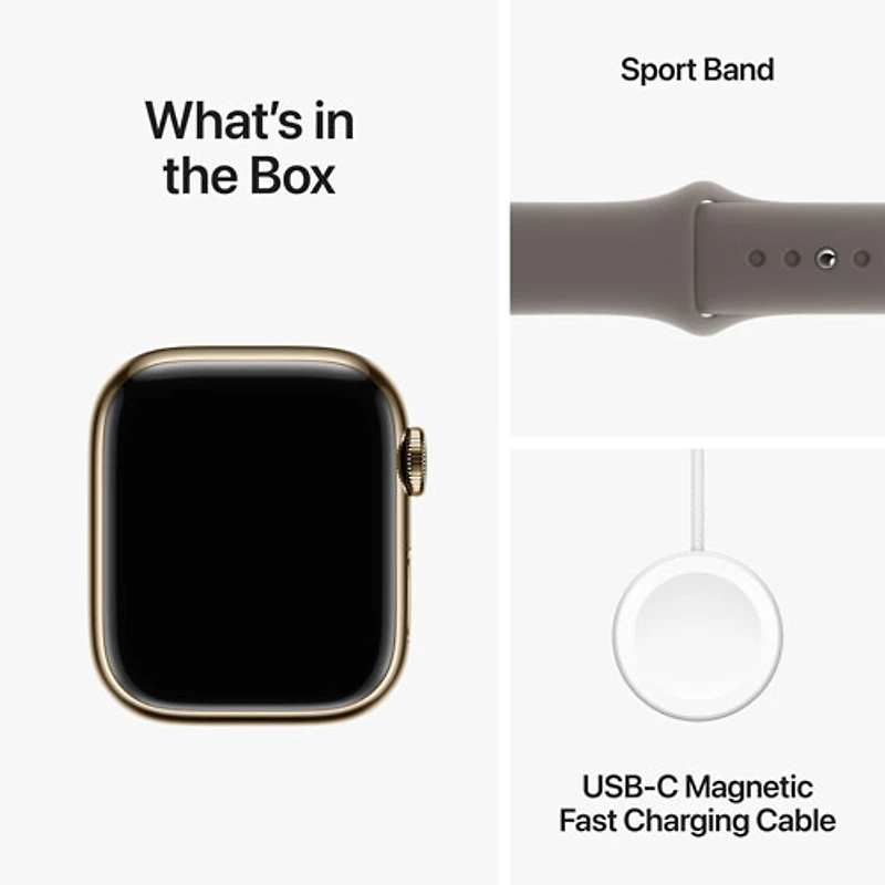 Apple Watch Series 9 (GPS + Cellular) avec boîtier de mm en acier inoxydable doré et bracelet sport argile par Rogers - Moyen/Grand
