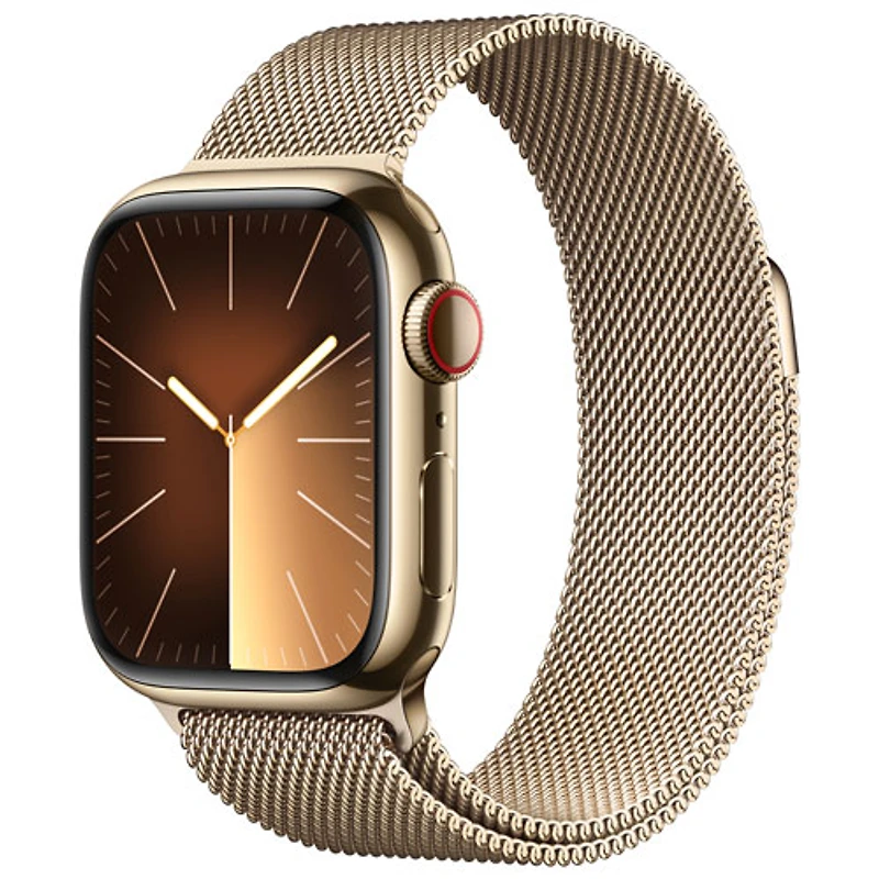 Apple Watch Series 9 (GPS + Cellular) avec boîtier de 41 mm en acier inoxydable doré et bracelet milanais en acier inoxydable doré par TELUS - Petit - Financement mensuel