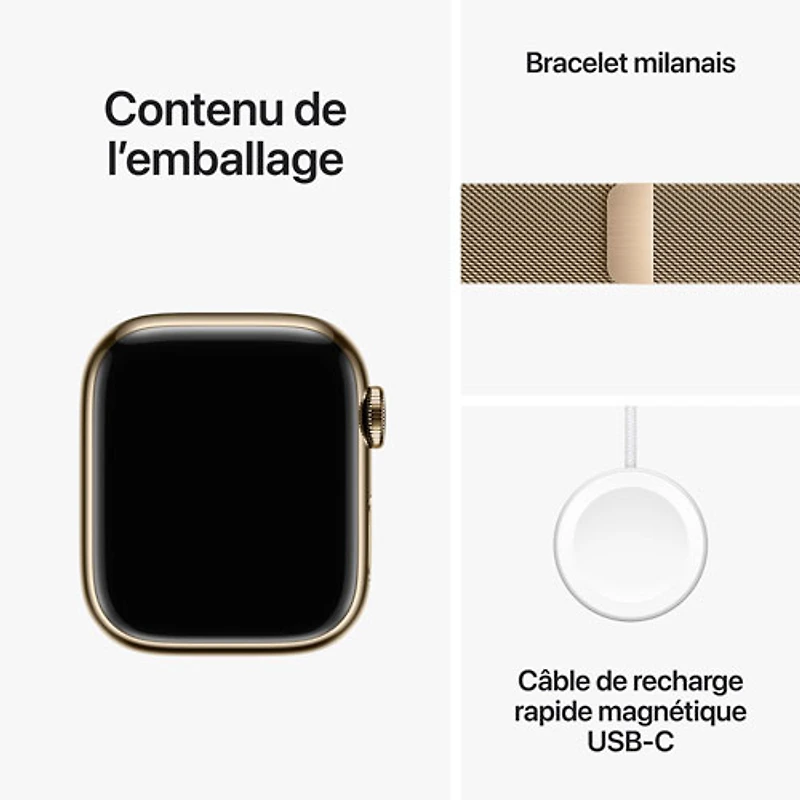 Apple Watch Series 9 (GPS + Cellular) avec boîtier de 41 mm en acier inoxydable doré et bracelet milanais en acier inoxydable doré par TELUS - Petit - Financement mensuel