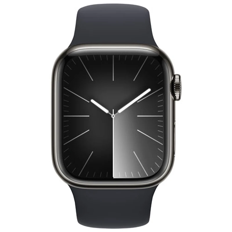 Apple Watch Series 9 (GPS + Cellular) avec boîtier de 41 mm en acier inoxydable graphite et bracelet sport minuit par TELUS - Petit/Moyen - Financement mensuel