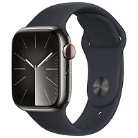 Apple Watch Series 9 (GPS + Cellular) avec boîtier de 41 mm en acier inoxydable graphite et bracelet sport minuit par TELUS - Moyen/Grand - Financement mensuel