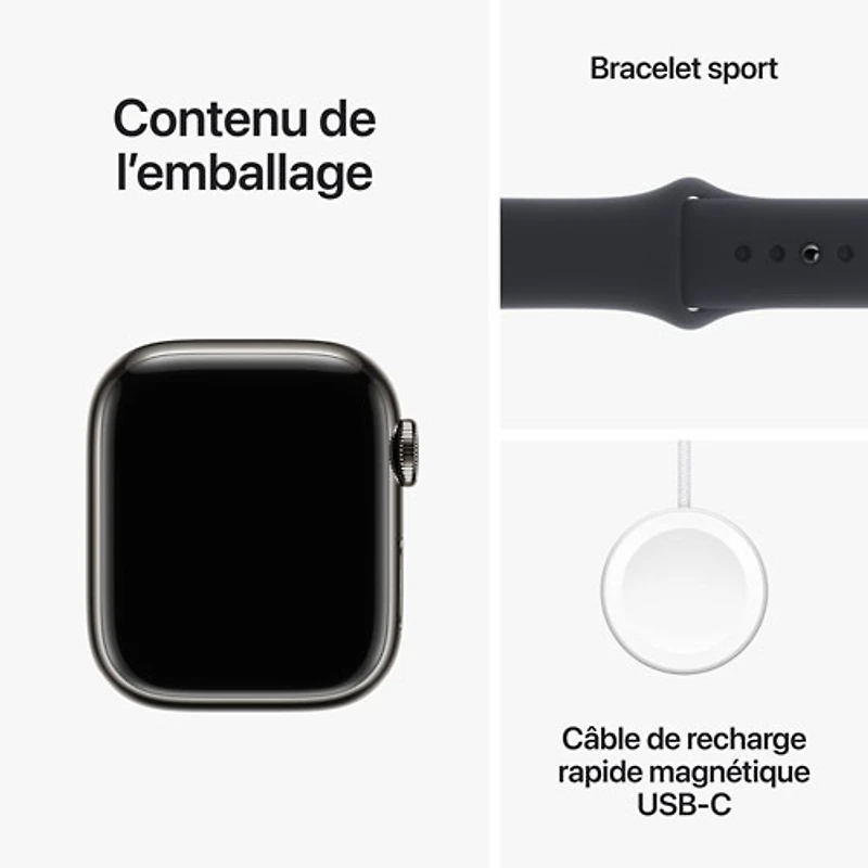 Apple Watch Series 9 (GPS + Cellular) avec boîtier de 41 mm en acier inoxydable graphite et bracelet sport minuit par TELUS - Moyen/Grand - Financement mensuel