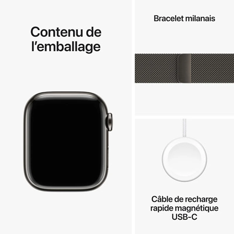Apple Watch Series 9 (GPS + Cellular) avec boîtier de 41 mm en acier inoxydable graphite et bracelet milanais en acier inoxydable graphite par TELUS - Petit - Financement mensuel