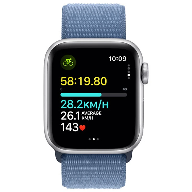 Apple Watch SE (GPS + Cellular) avec boîtier de mm en aluminium argenté et bracelet sport bleu hivernal par Rogers