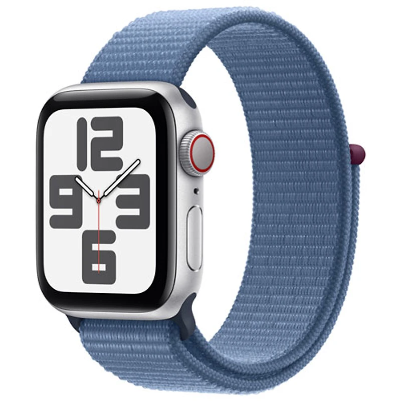 Apple Watch SE (GPS + Cellular) avec boîtier de mm en aluminium argenté et bracelet sport bleu hivernal par TELUS