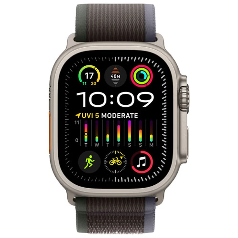 Apple Watch Ultra 2 (GPS + Cellular) avec boîtier de 49 mm en titane et bracelet Sentier bleu/noir par TELUS - Petit/Moyen - Financement mensuel