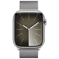 Apple Watch Series 9 (GPS + Cellular) avec boîtier de 45 mm en acier inoxydable argenté et bracelet milanais argenté par TELUS - Grand - Financement mensuel
