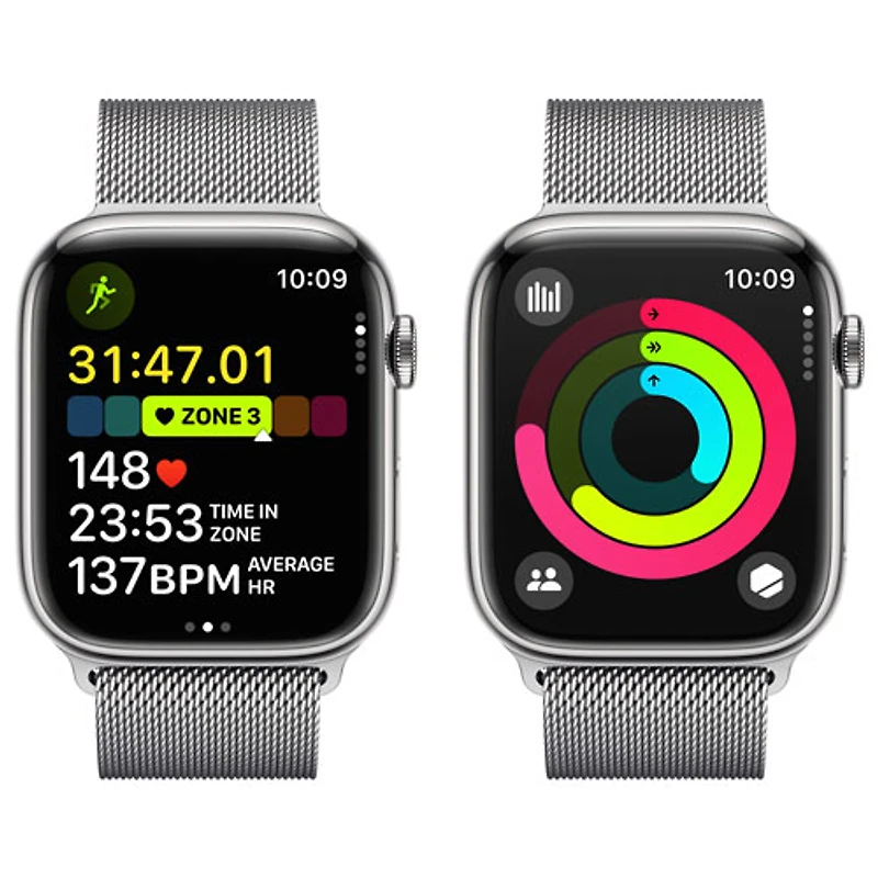 Apple Watch Series 9 (GPS + Cellular) avec boîtier de 45 mm en acier inoxydable argenté et bracelet milanais argenté par TELUS - Grand - Financement mensuel
