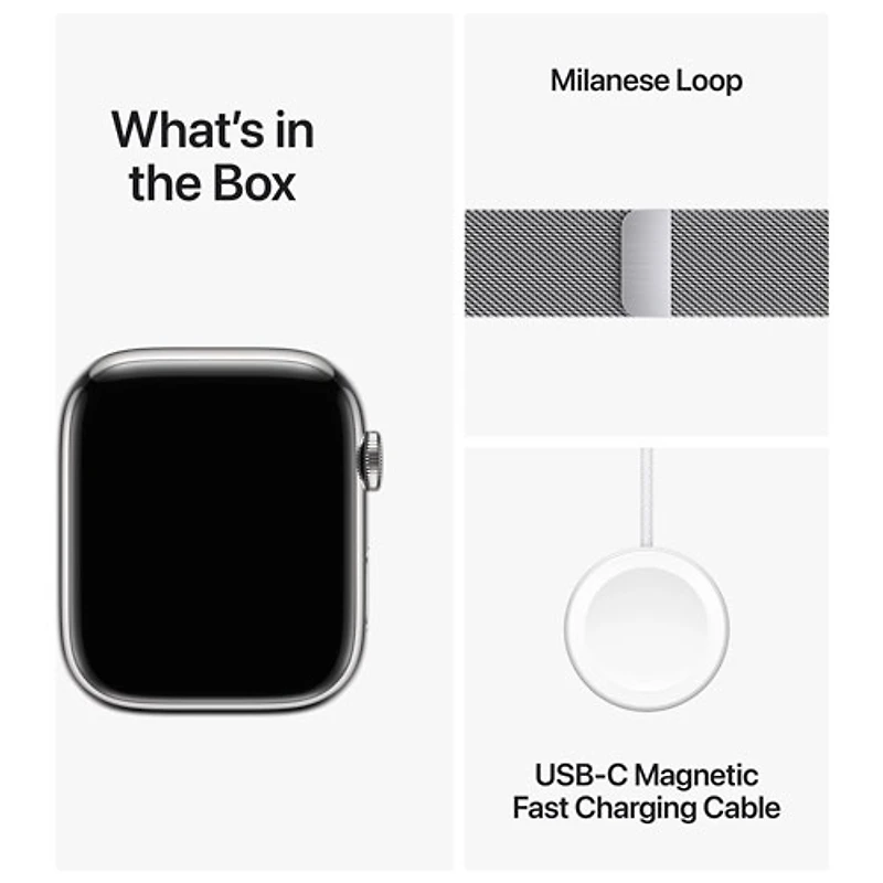 Apple Watch Series 9 (GPS + Cellular) avec boîtier de 45 mm en acier inoxydable argenté et bracelet milanais argenté par TELUS - Grand - Financement mensuel