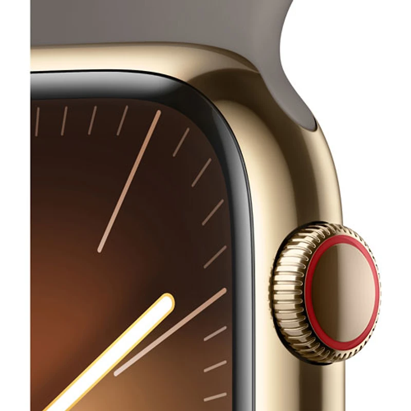 Apple Watch Series 9 (GPS + Cellular) avec boîtier de 45 mm en acier inoxydable doré et bracelet sport argile par TELUS - Moyen/Grand - Financement mensuel