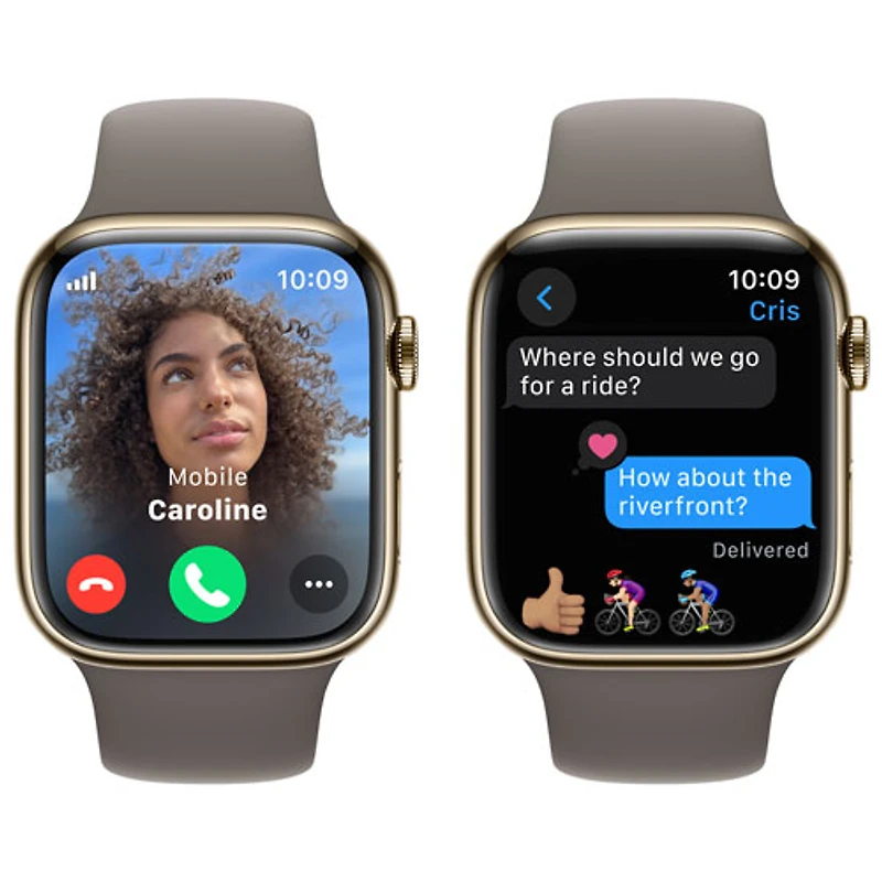 Apple Watch Series 9 (GPS + Cellular) avec boîtier de 45 mm en acier inoxydable doré et bracelet sport argile par TELUS - Moyen/Grand - Financement mensuel