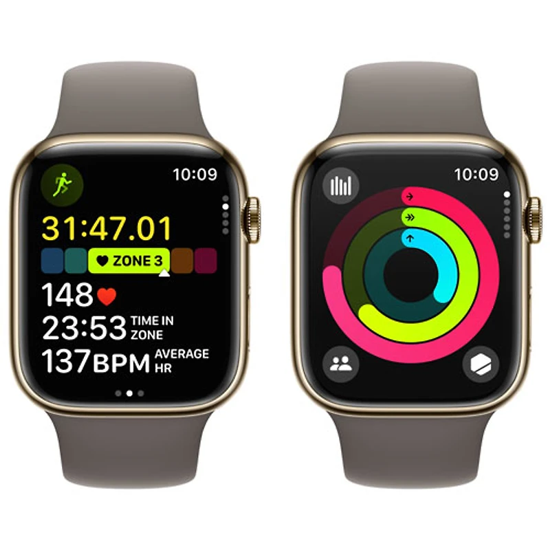 Apple Watch Series 9 (GPS + Cellular) avec boîtier de 45 mm en acier inoxydable doré et bracelet sport argile par TELUS - Moyen/Grand - Financement mensuel